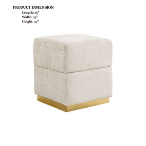 English Elm Beige Chenille Storage Stool Cube Design with Gold-Plated Stainless Base, Contemporary 15x15x19" Stylish B2741P388383
