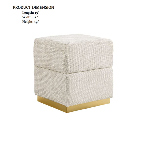 English Elm Beige Chenille Storage Stool Cube Design with Gold-Plated Stainless Base, Contemporary 15x15x19" Stylish B2741P388383