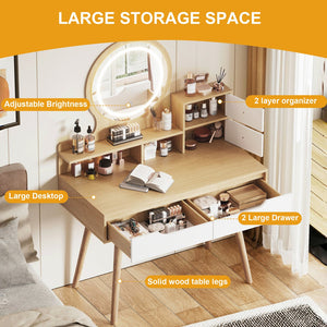 English Elm Makeup Vanity Desk with LED 3-Mode Lighted Mirror, Solid Wood Feet, 4 Drawers & Shelves, Oak Finish W509P238991