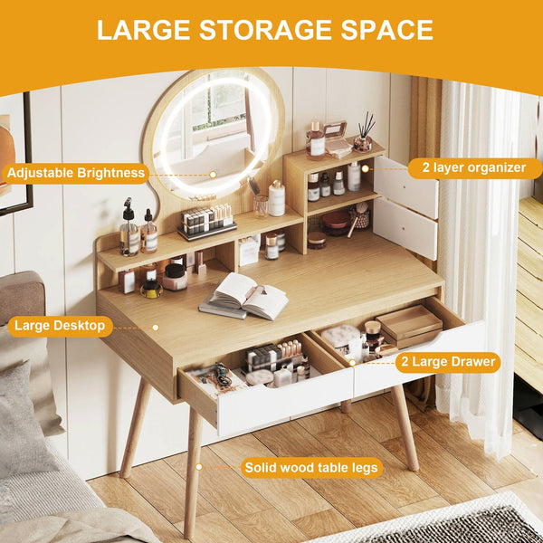 English Elm Makeup Vanity Desk with LED 3-Mode Lighted Mirror, Solid Wood Feet, 4 Drawers & Shelves, Oak Finish W509P238991