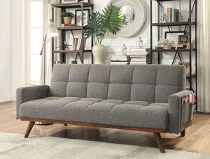 English Elm Futon Mid-Century Gray Linen Sofa Bed with Tufted Back, Angled Wood Legs & Side Pockets, Versatile B2741P298389