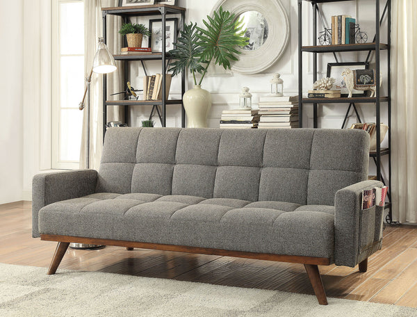 English Elm Futon Mid-Century Gray Linen Sofa Bed with Tufted Back, Angled Wood Legs & Side Pockets, Versatile B2741P298389