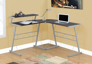 English Elm Computer L-Shape Desk Espresso Corner Office with Raised Shelf, Grey Metal Frame, Stable Modern Design B2710P219634