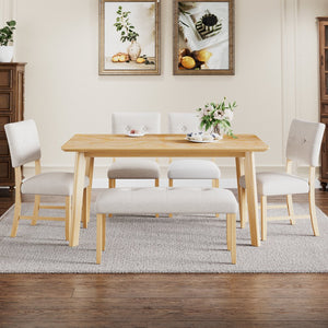 English Elm 6 Piece Farmhouse Dining Set Rubberwood Legs Tufted Chairs Bench Natural Ash Table N752S600015D
