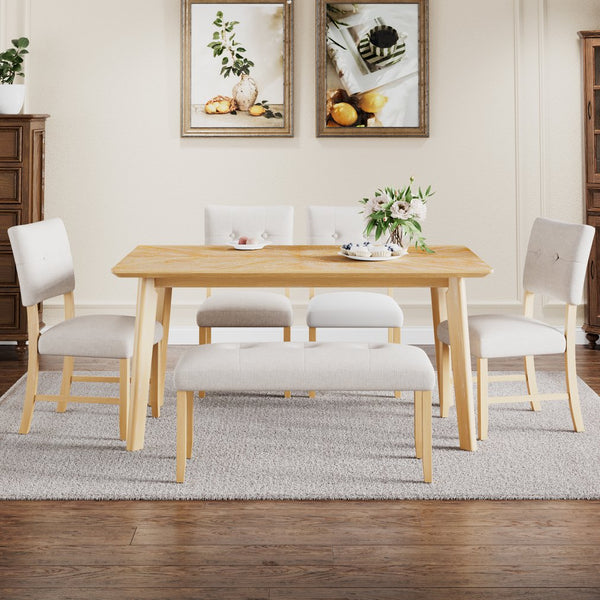 English Elm 6 Piece Farmhouse Dining Set Rubberwood Legs Tufted Chairs Bench Natural Ash Table N752S600015D