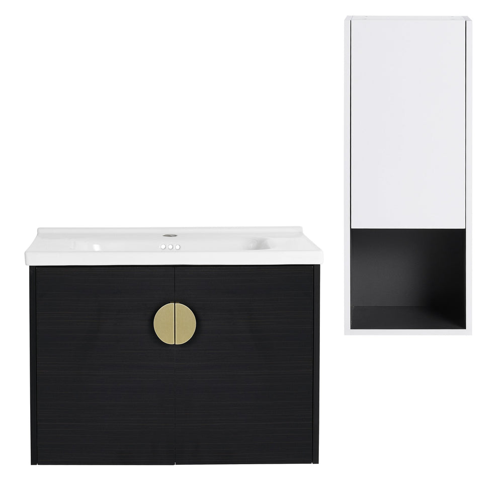 English Elm 28" Wall-Mounted Bathroom Vanity & Ceramic Sink With Side Cabinet, Soft-Close Doors For Modern Homes W999S00329