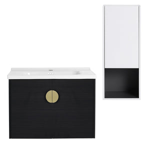 English Elm 28" Wall-Mounted Bathroom Vanity & Ceramic Sink With Side Cabinet, Soft-Close Doors For Modern Homes W999S00329