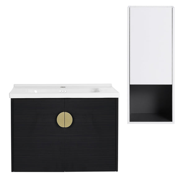 English Elm 28" Wall-Mounted Bathroom Vanity & Ceramic Sink With Side Cabinet, Soft-Close Doors For Modern Homes W999S00329