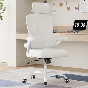 English Elm Ergonomic Mesh High Back Desk Chair with Lumbar Support Flip up Arms and Headrest Beige,White T3623P434269