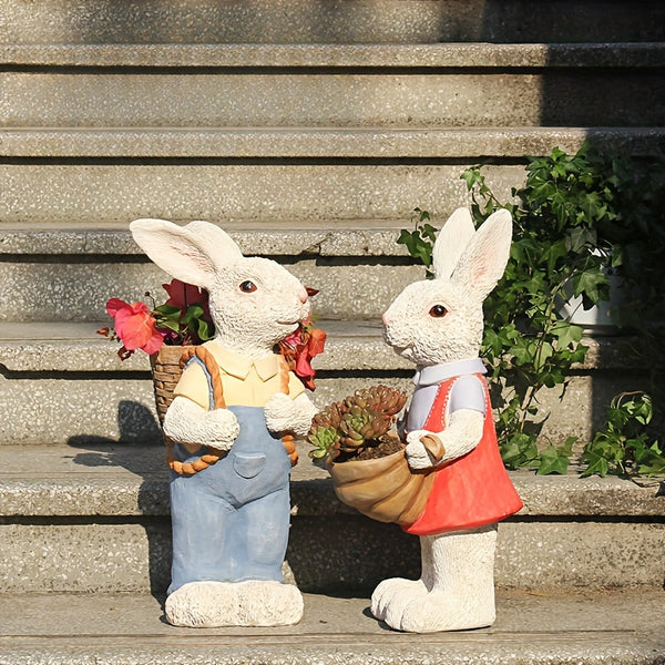 English Elm Simulated Rabbit Couple Resin Garden Sculpture Hand-painted Outdoor Figurine Decor W5709P501506