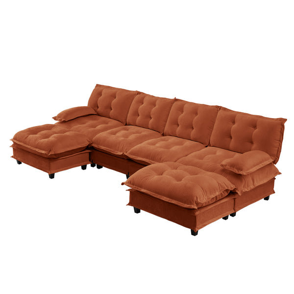 English Elm 138" U-shaped Chenille Cloud Sectional with Ottomans Deep Seat Modular Living Room Sofa Orange W714S01742