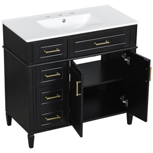 English Elm 36 Inch Freestanding Bathroom Vanity Sage Pine Cabinet Gold Hardware Ceramic Sink Black N725P366466B