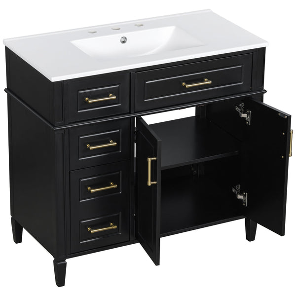 English Elm 36 Inch Freestanding Bathroom Vanity Sage Pine Cabinet Gold Hardware Ceramic Sink Black N725P366466B