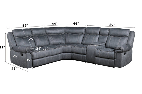 English Elm Dollum Two Tone Nubuck Manual Recliner Sectional Sofa with USB Port, Cupholder Console, Tufted Comfort Gray 69 L x 30 W x 26 H B2726S00124