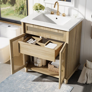 English Elm Christopher Knight Home® - 30-Inch Walnut Vanity with Seashell Resin Sink, Flip-Up Organizer, Soft-Close Doors & Legs Natural Wood N765P33418384B