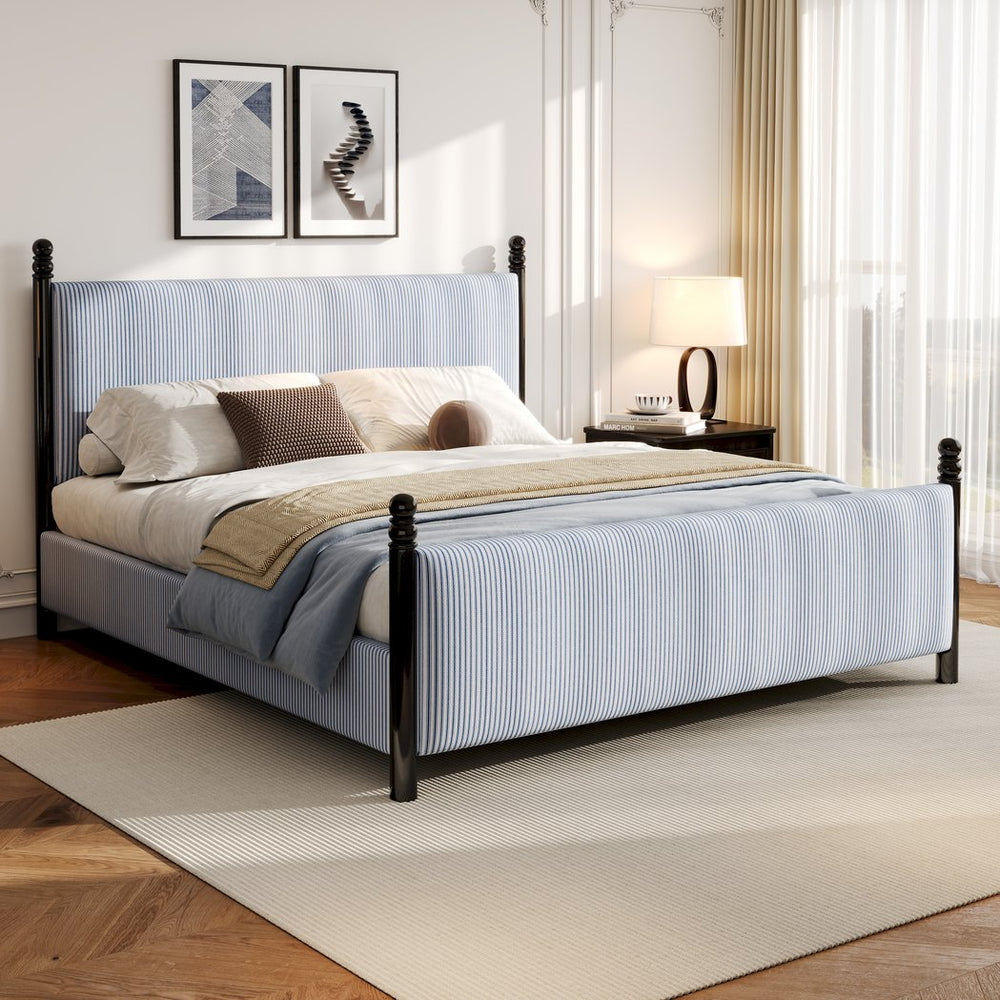 English Elm 48-inch Rubberwood Upholstered Queen Bed Vintage Sphere Post Padded Headboard N769P364057B