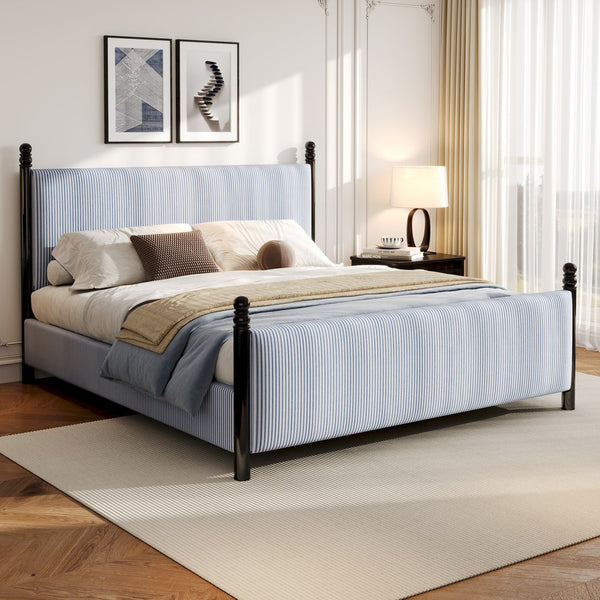 English Elm 48-inch Rubberwood Upholstered Queen Bed Vintage Sphere Post Padded Headboard N769P364057B