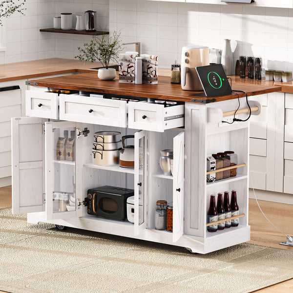 English Elm K&K 53" Farmhouse Kitchen Island with Drop Leaf, Tempered Glass Doors, Power Outlet, Rolling Cart White N707P263637W