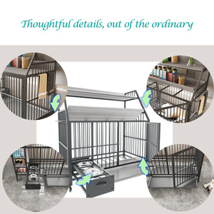 English Elm Large Pet Cage with Iron Frame Mdf Panels Storage Rack and Steel Feeding Basins Black,Gray+Charcoal W3064P245387