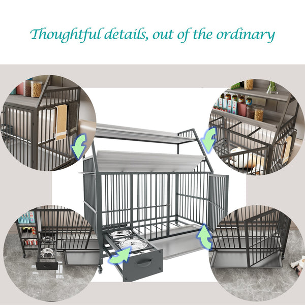 English Elm Large Pet Cage with Iron Frame Mdf Panels Storage Rack and Steel Feeding Basins Black,Gray+Charcoal W3064P245387