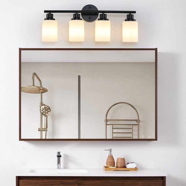 English Elm 24" Modern 4-Light Vanity Wall Sconce with Clear Glass Shades, Iron Frame, Hardwired Bath Lighting Fixture Black White W1340P206693