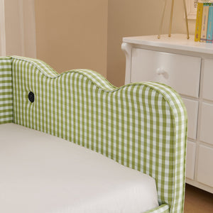English Elm Cozy Twin Gingham Daybed with Trundle Sofa Bed, Linen Upholstery, USB Port, Wave Frame Design Green W1413S00100