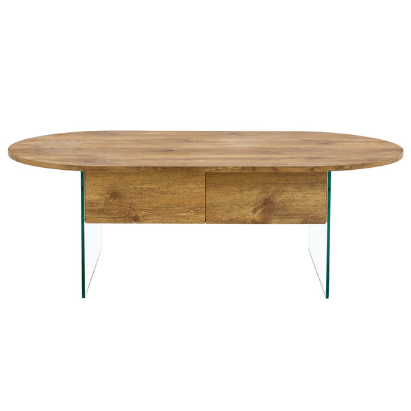 English Elm Cozy Natural Oval Coffee Table with Dual Drawers, Tempered Glass Legs, Wood Grain MDF Top, 43.3"x23.6" W1512P405601