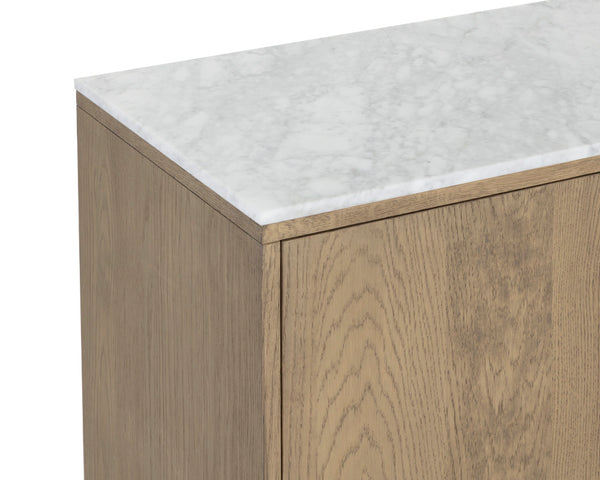 Sunpan Briar Mid-Century Modern Sideboard with White Marble Top and Antique Brass Accents for Stylish Storage Weathered Oak