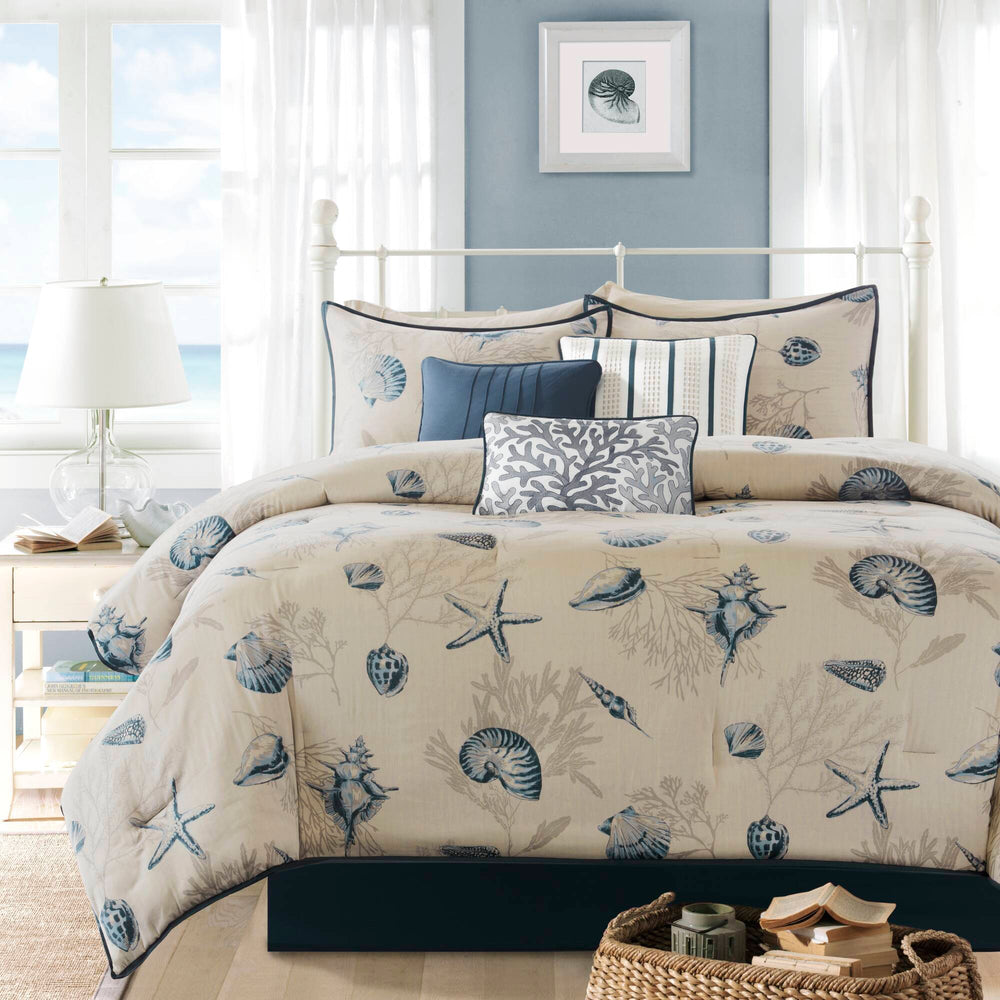 JLA Home Madison Park - 7 Piece Coastal Cotton Sateen Comforter Set with Seashell & Coral Motifs, Reversible Dark-Blue Backing 104 L x 92 W x 1.5H MP10-506