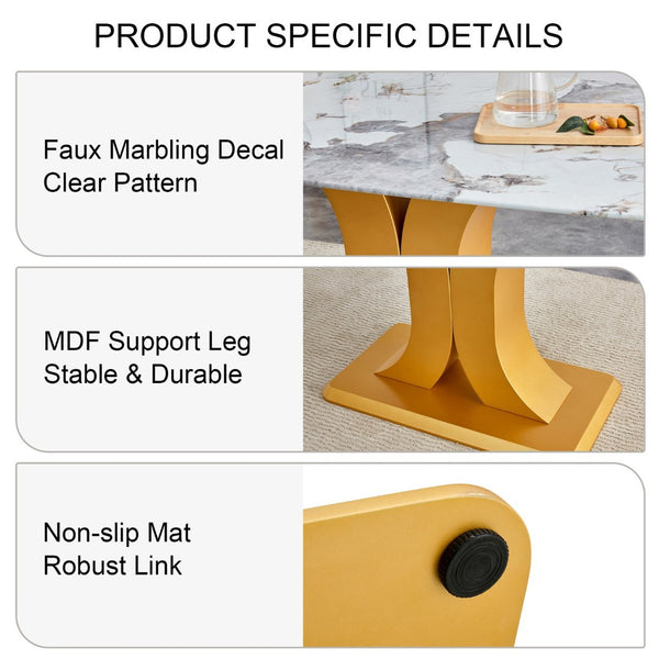 English Elm Table And Chair Set - Luxurious 71" Pandora Glass Top With Gold C-Shaped Legs & 8 White Pu Chairs W1151S03228-GIGA