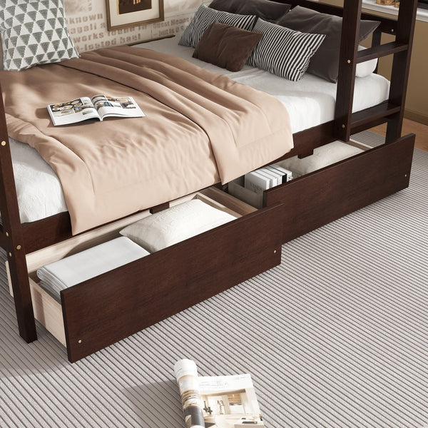 English Elm Twin Over Rubberwood Bunk Bed Convertible with Storage Drawers and Safety Rails W504S00298
