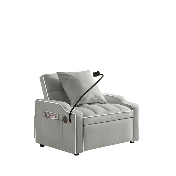 English Elm Sleeper Sofa Chair Velvet Convertible Armchair with Usb Charging for Small Spaces Gray W1359P458676