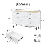 English Elm 6 Drawer Dresser For Bedroom With Deep Drawers, Wood Dressers & Chest Of Drawers, Modern White Long Dressers For Closet Living Room, 47.2"W X 15.7"D X 31.5"H, White & Oak