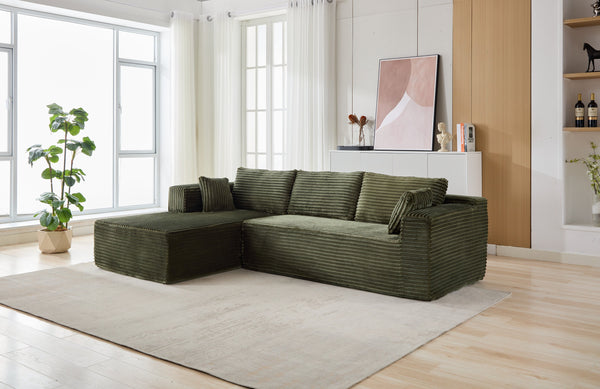 English Elm Compression Sectional Couch – Cozy Green Corduroy L-Shaped Sofa With Chaise For Small Spaces & Lounging W3723S00003