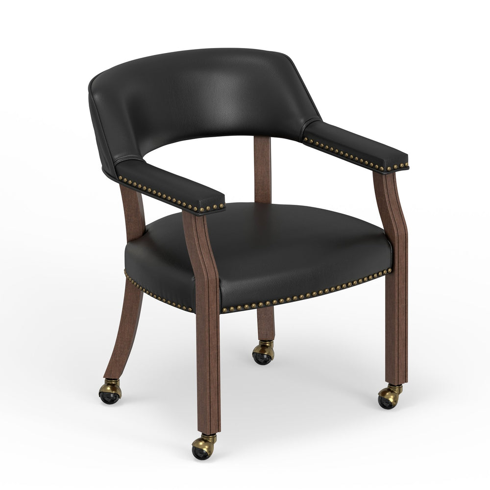 English Elm Gorman Faux Leather Game Chair Walnut Frame Nailhead Trim Casters Rolling Base B050P412222