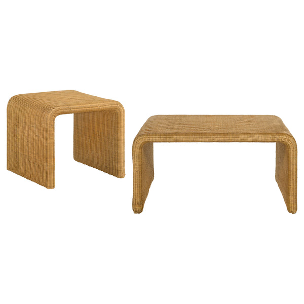 English Elm Gage Woven Rattan and Metal 2 Piece Living Room Coffee Table Set with Open Shelf B062S01439