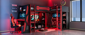 English Elm L-shaped Gaming Loft Bunk Bed Twin Wood Frame Rgb Lighting Usb Ports Storage Shelves Red LT000295AAR