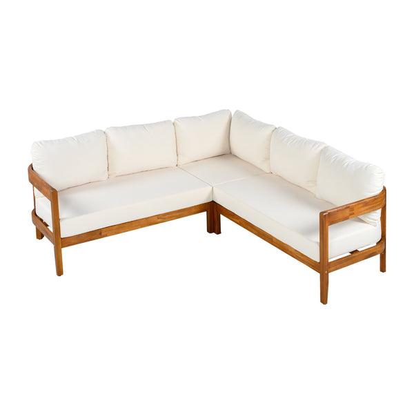 English Elm U_style Acacia Wood Outdoor L Shaped Corner Sofa Set with Arc Frame and Cushions White WY000481AAA