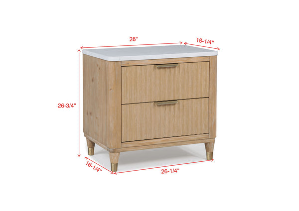 English Elm Modern Stone Top Wood Nightstand with Brass Hardware Two Drawer Bedroom Storage B2741P429140