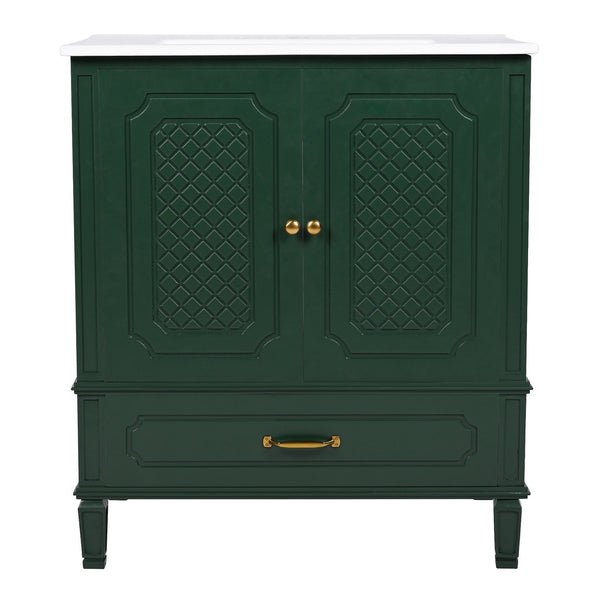 English Elm Christopher Knight Home® - 30" Bathroom Vanity with Sink Vintage Acacia Frame Ceramic Basin Soft-Close Doors & Storage Green N759P313313F
