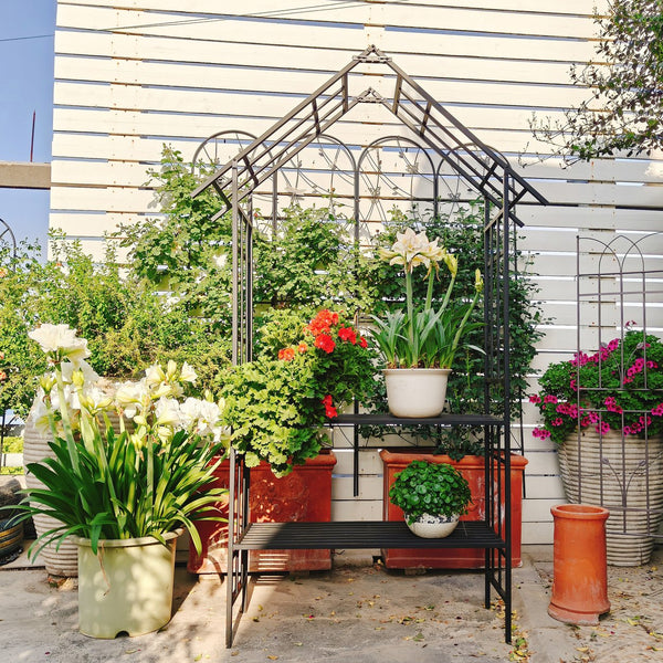 English Elm Metal Garden Arch Bench with Trellis Grid for Climbing Roses and Outdoor Spaces W1586P278441