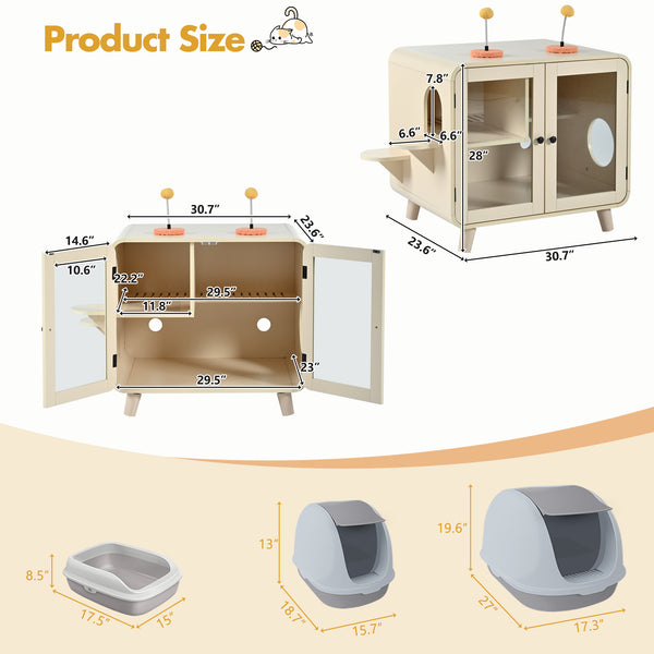 English Elm Cat Litter Box Enclosure Mdf Cabinet with Rgb Lighting Glass Doors and Play Loft Beige N704P419240A