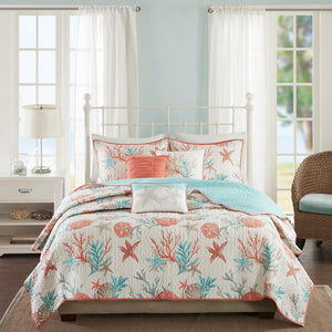 English Elm 6 Pebble Beach Cotton Sateen Quilt Set Full/Queen with Embroidered Coastal Pillows, OEKO‑TEX Certified Coral 22.83 L x 18.11 W x 11.42 H B03597450