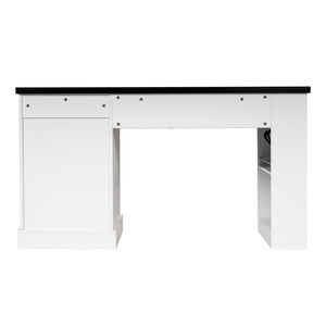 English Elm 55" Fluted White Computer Desk with Power Outlet Pegboard Cabinet and Keyboard Tray W2917P396008