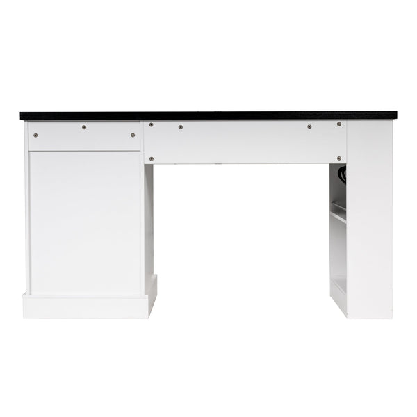 English Elm 55" Fluted White Computer Desk with Power Outlet Pegboard Cabinet and Keyboard Tray W2917P396008