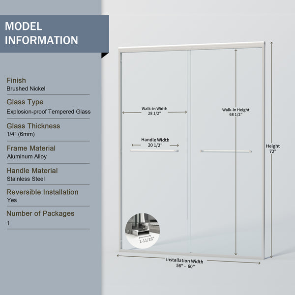 English Elm 56-60 in Semi-frameless Bypass Shower Door Matte Black Tempered Glass Walk-in Brushed Nickel W1573P239436