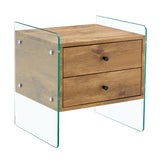 English Elm Double-Drawer Bedside Table. The Board Surface Is Mdf Sticker, and Both Sides Are Transparent Tempered Glass. The Design Is Simple and Elegant, With Excellent Storage Functions.