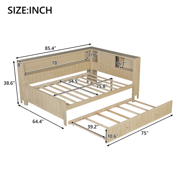 English Elm Full Full Size Wood Daybed with Trundle, Antique White Milk Finish, Built-In Storage Shelves & Charming Design N7090002225K