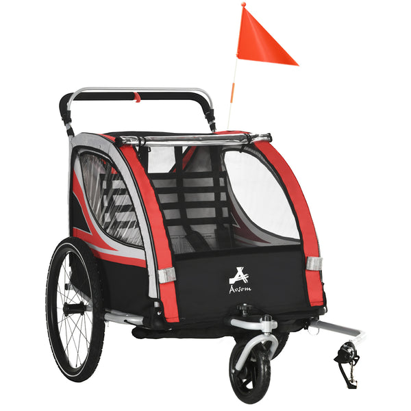 English Elm Aosom 2-in-1 Walk Ride Kids Bike Trailer & Stroller, 2-Seat Weatherproof Wagon with Flag, Red W2225P216990