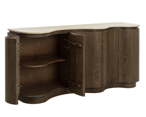 Sunpan FABLE Sideboard: Elegant Solid Oak Storage with Curved Design and Travertine Top for Modern Homes 112360